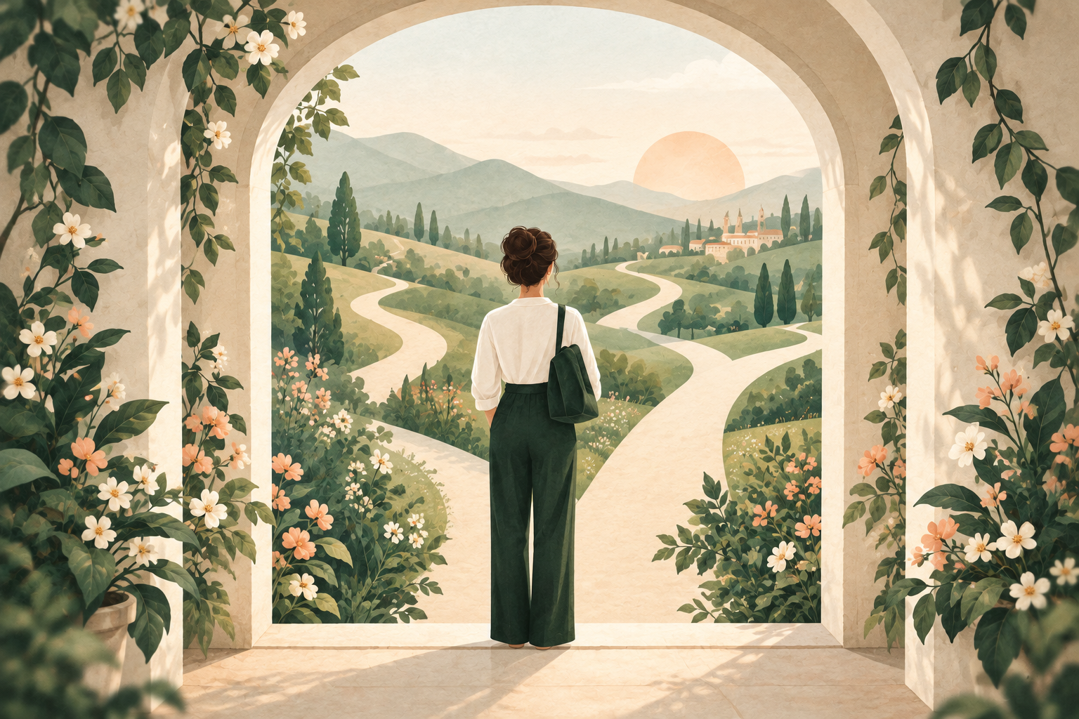 A woman stands beneath a stone archway, looking out at two paths winding through rolling hills.